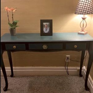 Upcycled sofa table. Beautiful vibrant blue and green tones with black!